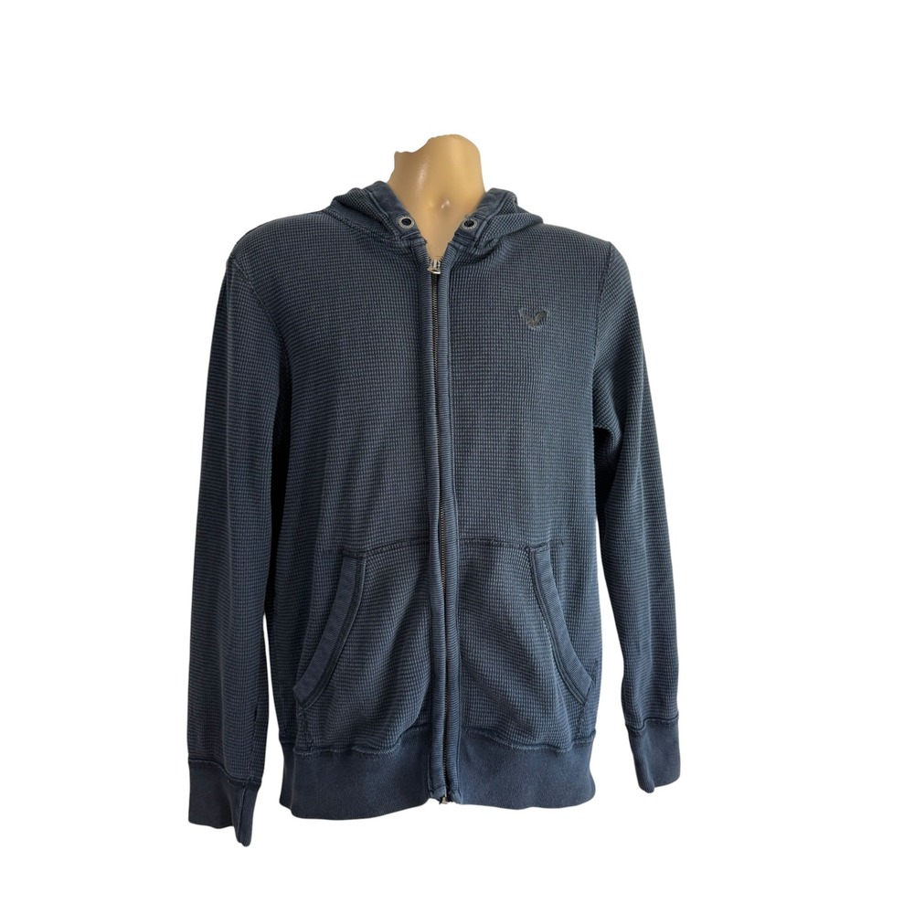 American Eagle Mens Full Zip Thermal Waffle Knit Hoodie Blue Eagle Logo 08/10